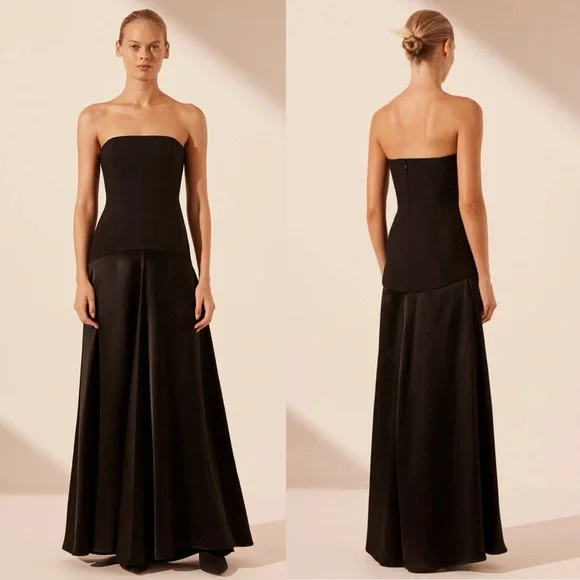 Shona Joy Adri Drop Waist Strapless Paneled Maxi Dress Gown Black NEW with tags